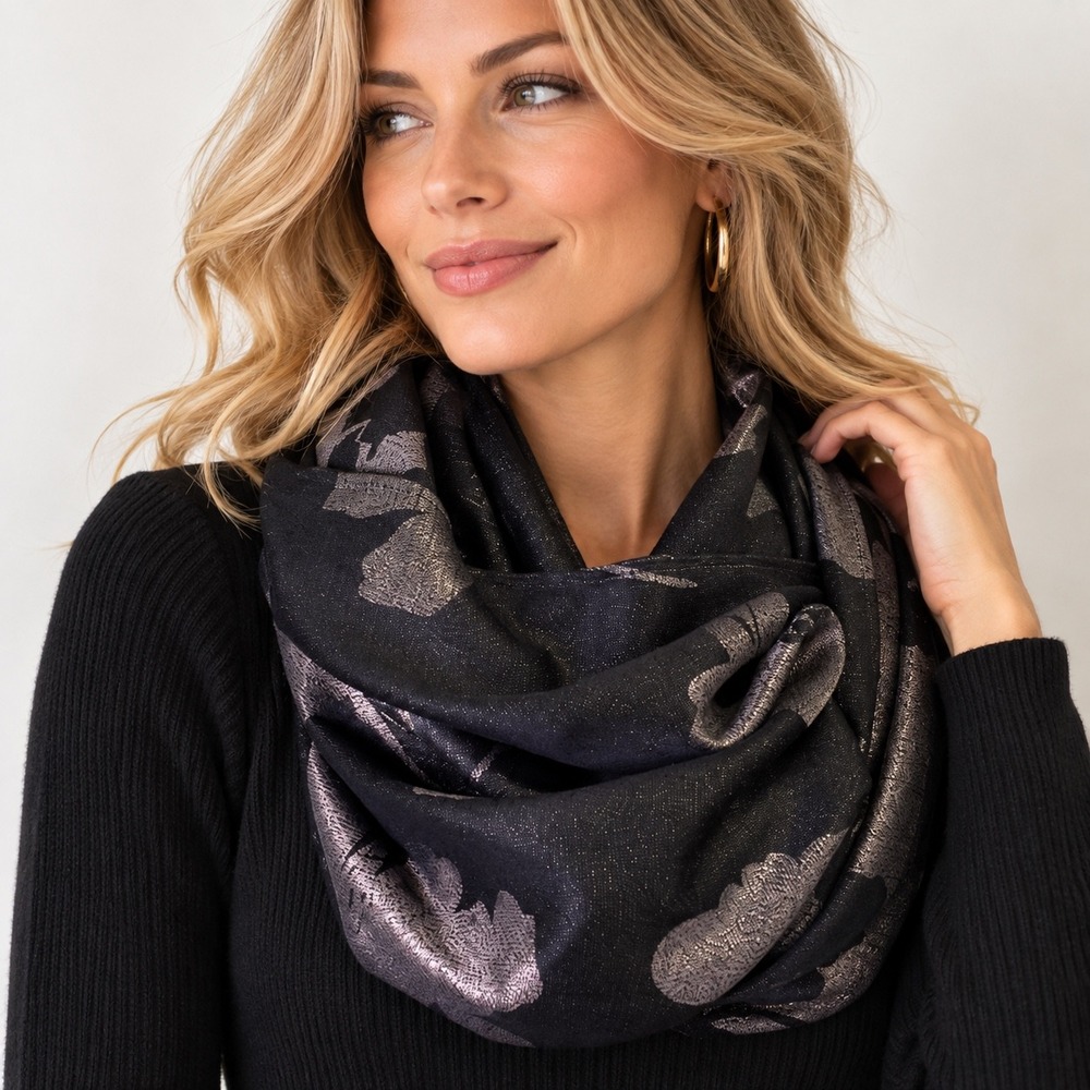 Metallic Floral Infinity Scarf Womens Black Silver Shimmer Elegant Chic NWT